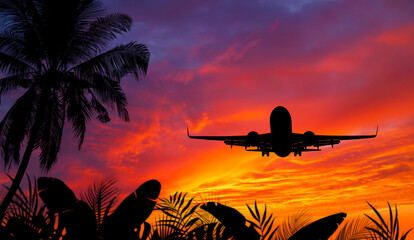 Passenger Airplane On Approach for Landing with Beautiful Sunset and Tropical Trees and Plants.