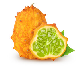 Isolated kiwanos. Whole kiwano melon fruit and slice with leaves isolated on white background with clipping path