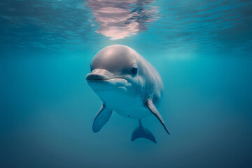Cute Atlantic spotted dolphin swimming in the blue ocean. Generative AI