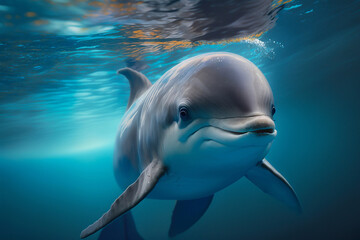 Closeup of a dolphin swimming in the clear blue ocean. Generative AI