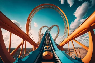 Fotobehang Roller Coaster at amusement park. Generative AI © AIproduction