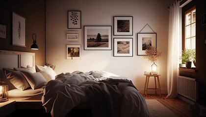 Cozy beige bedroom, hygge, nordic, wall gallery, nutral tones
