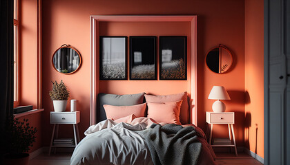 Cozy bedroom, hygge, modern, peach, comfy 