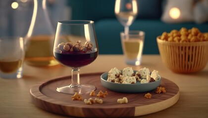 Obraz na płótnie Canvas a wooden tray topped with a bowl of popcorn next to a glass of wine and a bowl of popcorn next to a glass of wine. generative ai