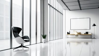  a white room with a chair, a table, and a large window with a picture frame hanging on the side of the wall and a shelf with a plant in the corner.  generative ai
