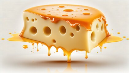  a piece of cheese with orange sauce on it's side, with holes in the middle of the cheese, and a layer of melted cheese on top of it.  generative ai