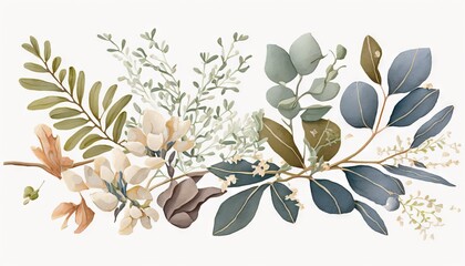  a watercolor painting of a branch with leaves and flowers on a white background with a green and brown color scheme on the top of the branch.  generative ai