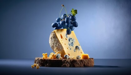  a piece of cheese with grapes on it on a piece of wood with a blue background and a blue sky in the backround.  generative ai