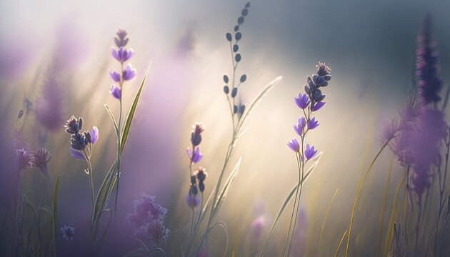  a bunch of purple flowers that are in the grass with the sun shining through the clouds in the backround of the picture,.  generative ai
