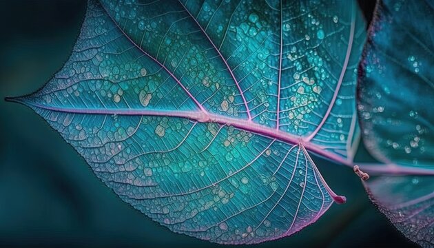  a close up of a green leaf with water droplets on it's leaves are shown in this image with a black background and a blue background.  generative ai