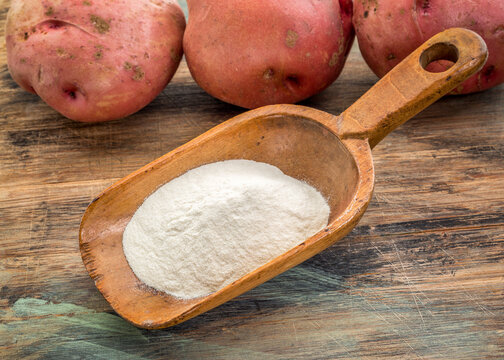 wooden rustic scoop of potato flour with a row of red potatoes in background