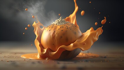  an orange liquid splashing out of a pumpkin on a wooden surface with a black background and a black backdrop with a white spot in the center.  generative ai