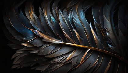  a close up of a feather on a black background with a gold stripe in the center of the feather and a black background with a gold stripe in the middle.  generative ai