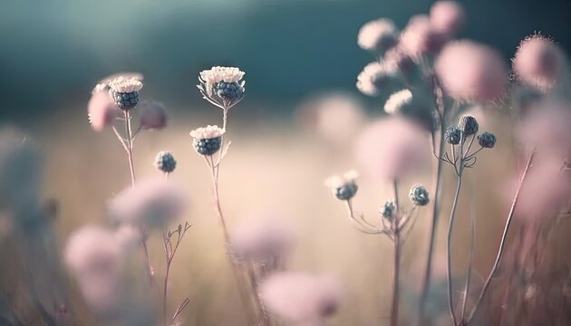  a bunch of pink flowers that are in the grass with a blurry sky in the backround of the picture, with a blue sky in the background.  generative ai
