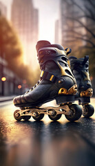 rollerblades on the empty street, advertising banner background, commercial template with copy space (created with Generative AI)