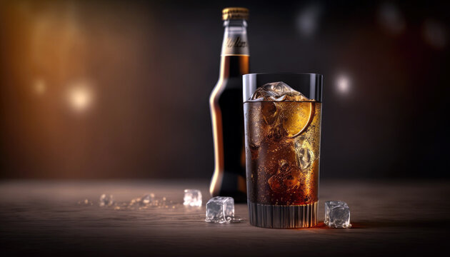 Cooling drink with ice advertising banner background, commercial template with copy space (created with Generative AI)