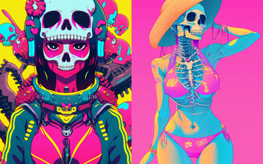 Anime scull girls. Illustration in the retro style film. Colorful background. Bikini collection	
