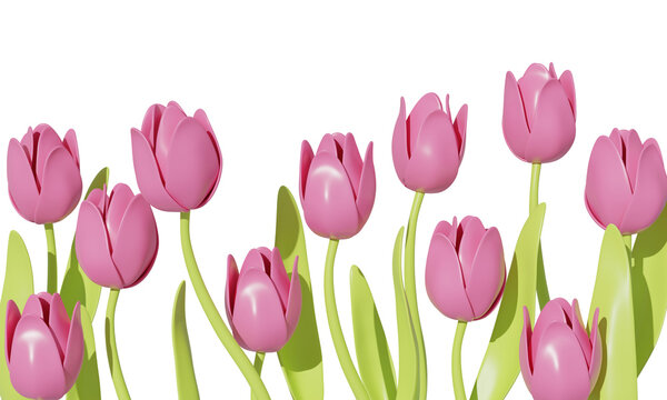 Set of pink tulips with green leaf isolated on white background. 3d rendering     