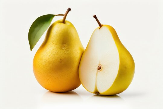 Yellow pear and a cut half on a white background. AI generated