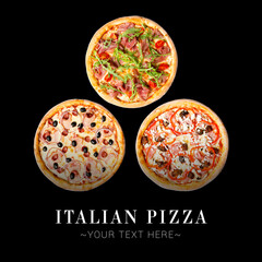 Collage set of pizza assortie isolated on black background. Different types of Pizza with vegetables, beef, Parma ham for restaurant menu. Ready advertising banner with text and copy space