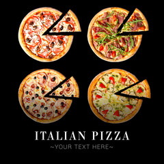 Collage set of pizza assortie isolated on black background. Different cut Pizzas with vegetables, beef, Parma ham for restaurant menu. Ready advertising banner with text and copy space