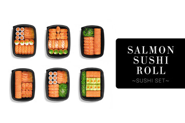 Collage set of salmon sushi roll pieces in delivery box packages isolated on white background. Different types of Sushi rolls for restaurant menu. Ready advertising banner with sushi assortment