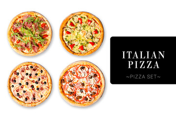 Collage set of pizza assortie isolated on white background. Different types of Pizza with vegetables, beef, Parma ham for restaurant menu. Ready advertising banner with text and copy space