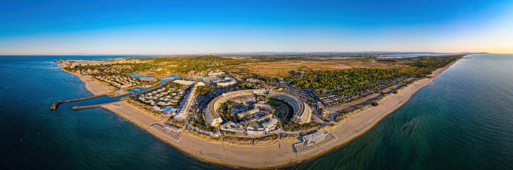 Aerial view of Cap d'Agde a seaside resort and naturist village on France's Mediterranean coast,...