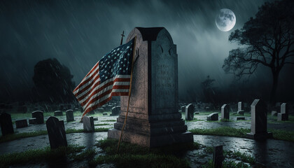 a cemetery with an american flag in the rain, grave, memorial day, ai art illustration  - obrazy, fototapety, plakaty