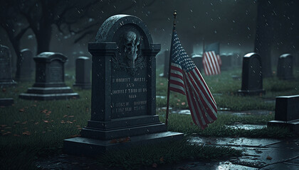a cemetery with an american flag in the rain, grave, memorial day, ai art illustration  - obrazy, fototapety, plakaty