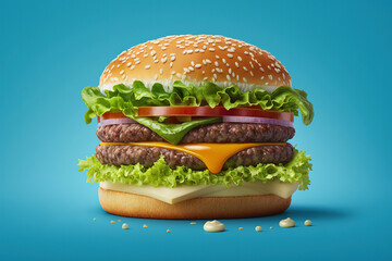a hamburger with cheese and lettuce on a blue background, big juicy burger, cheeseburger, art illustration