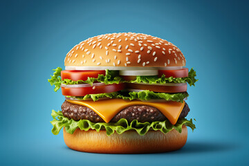a hamburger with cheese and lettuce on a blue background, big juicy burger, cheeseburger, art illustration