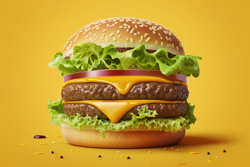 a hamburger with cheese and lettuce on a yellow background, big juicy burger, cheeseburger, art illustration 