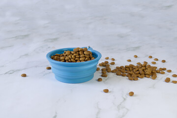 Fototapeta na wymiar Dog croquettes in a blue plastic bowl, on a light background