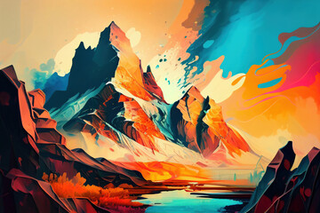 Fototapeta na wymiar Abstract art. Colorful painting art of a abstract mountain landscape. Background illustration