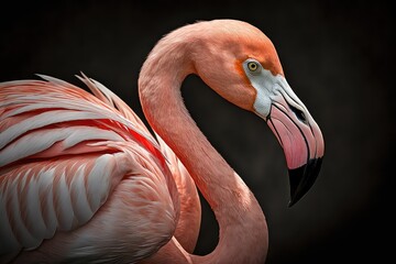 Pink flamingo on black background close -up. Generative AI