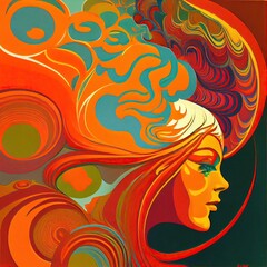 1960s psychedelic art, Hippie trippy retro background,  bright rainbow colors and groovy rainbow starburst sunburst swirl pattern in pop art style - generative ai