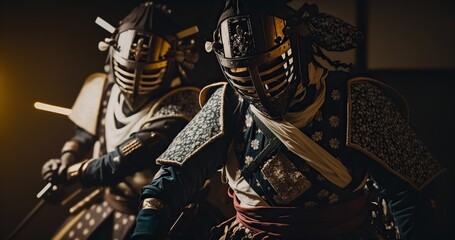 Ninja Warriors Clash in an Epic Nighttime Samurai Battle. Generative AI.