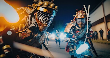 Ninja Warriors Clash in an Epic Nighttime Samurai Battle. Generative AI.