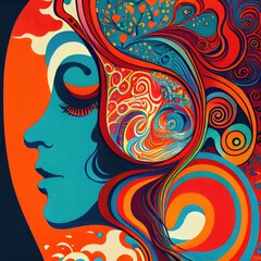 1960s psychedelic art, Hippie trippy retro background,  bright rainbow colors and groovy rainbow starburst sunburst swirl pattern in pop art style - generative ai