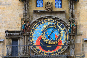 Prague astronomical clock close-up. The main attraction of the capital of the Czech Republic. Background