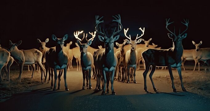 Gathering of Deers at Night. Generative AI.