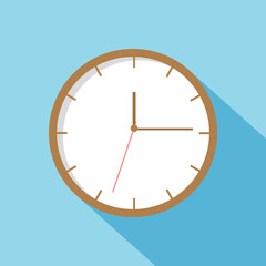 Office or room brown wall clock with shadow. Vector illustration in a flat style. Clock vector icon. Clock icon design.