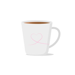 Modern white coffee mug. Mug with the image of a heart. Vector illustration in a flat style. Isolated on a white background.