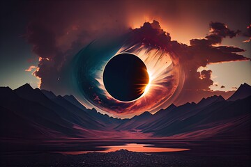 A solar eclipse, total eclipse with sun, moon and earth aligned, landscape background - generative ai