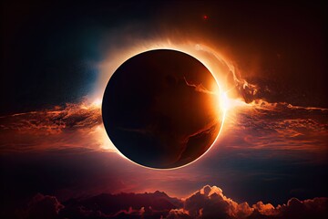 A solar eclipse, total eclipse with sun, moon and earth aligned, landscape background - generative ai - obrazy, fototapety, plakaty