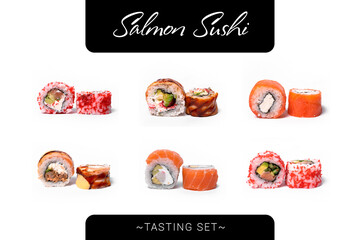 Collage set of Dragon sushi roll pieces isolated on white background. Different types of Sushi rolls for restaurant menu. Ready advertising banner with sushi assortment, text and copy space