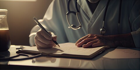 Close-up of doctor writing a prescription, medical professional wearing uniform - generative ai