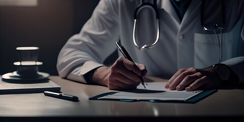 Close-up of doctor writing a prescription, medical professional wearing uniform - generative ai