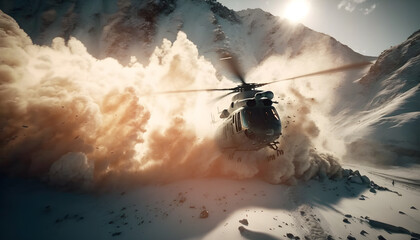 Accident helicopter crashed in mountains snow winter. Generation AI